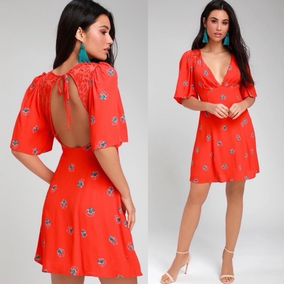 Free People Dresses & Skirts - Free People | Mockingbird Red Floral V-Neck Open-Back Mini Dress *Like New*